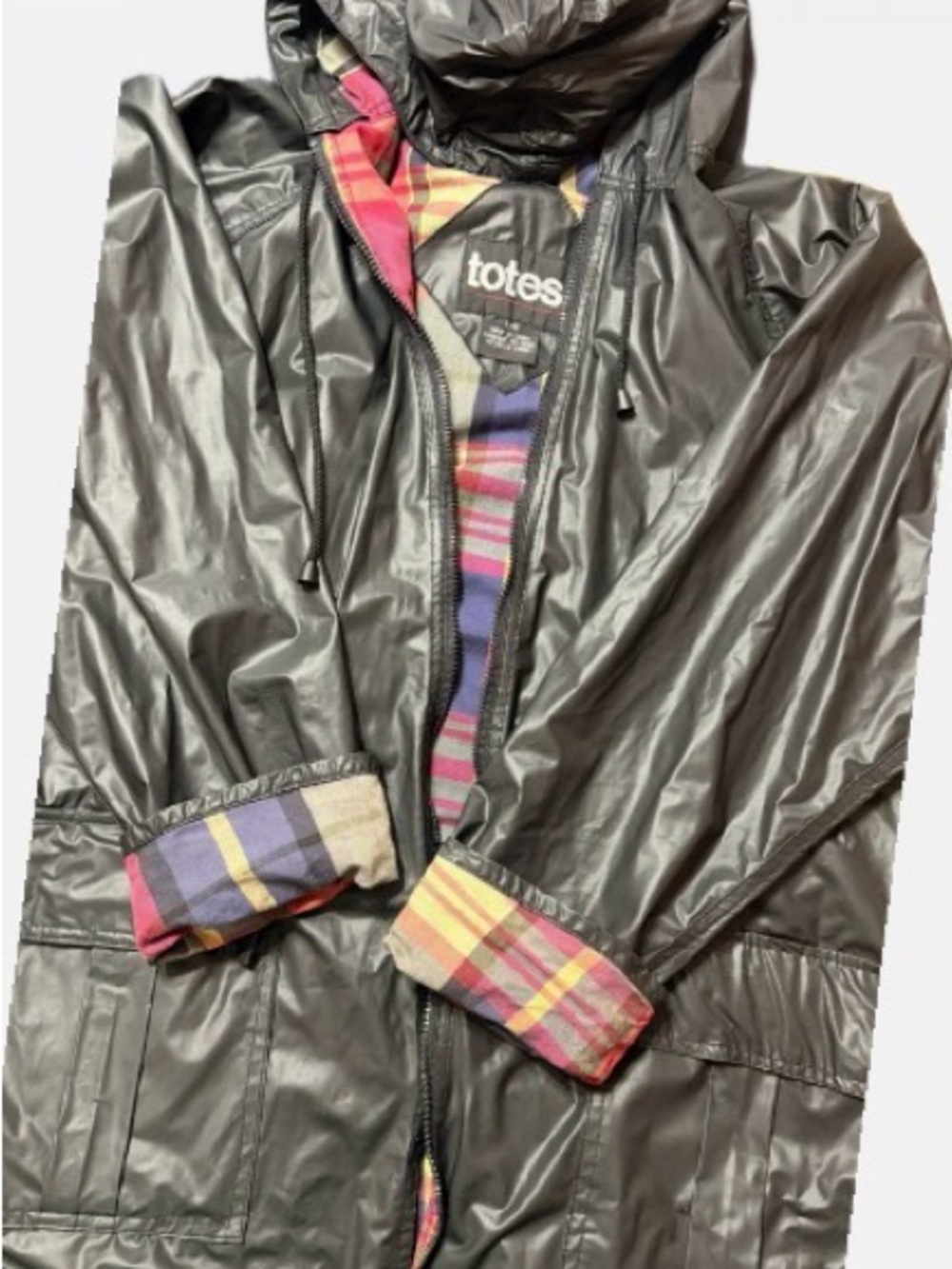 Totes Black Hooded Raincoat with Colorful Plaid Lining - Picture 2 of 4